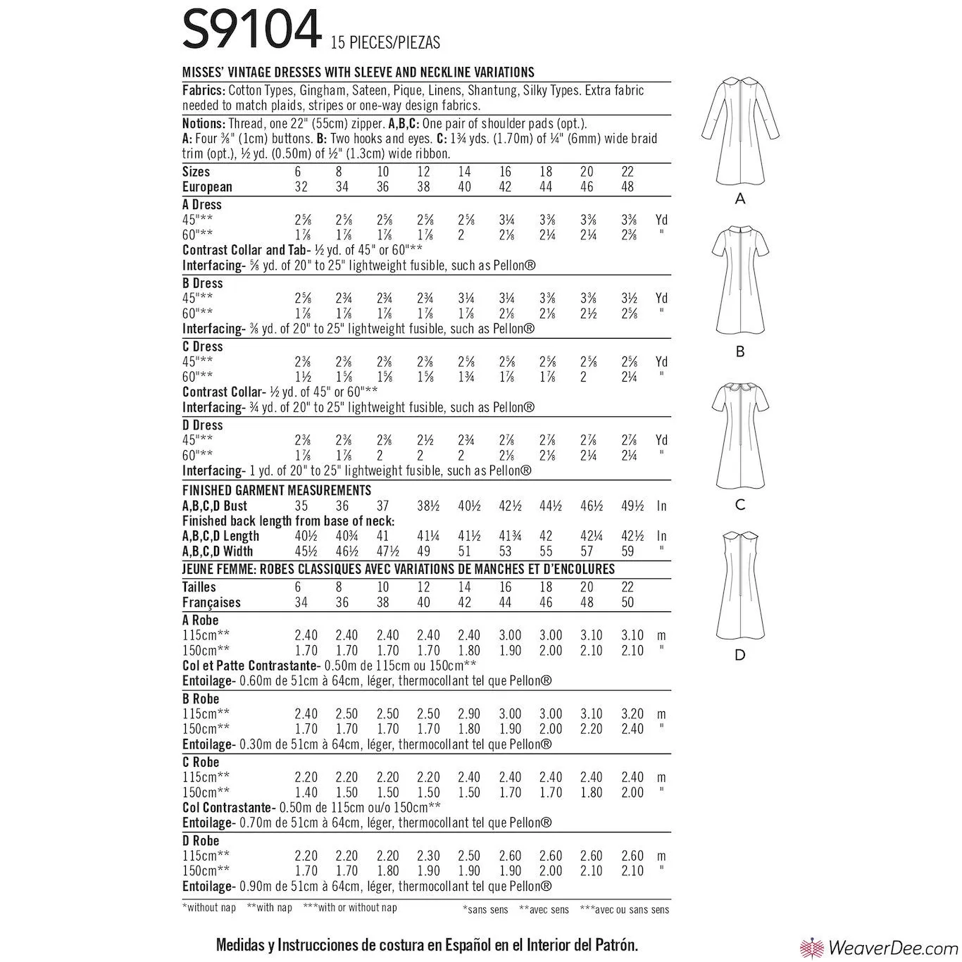 Simplicity Pattern S9104 Misses' Vintage 1960s Dresses With Sleeve & Neckline Variation