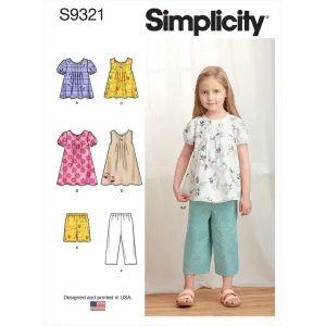 Simplicity Sewing Pattern S9321 Children's Tucked Tops, Dresses, Shorts and Pants