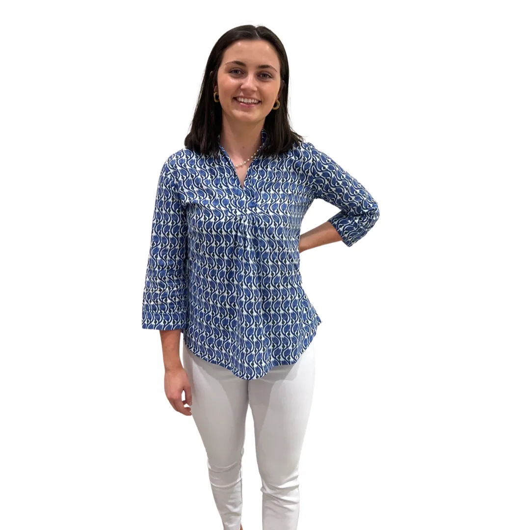 The Eloise Cotton Block Print Top in Blue Tulip Floral
