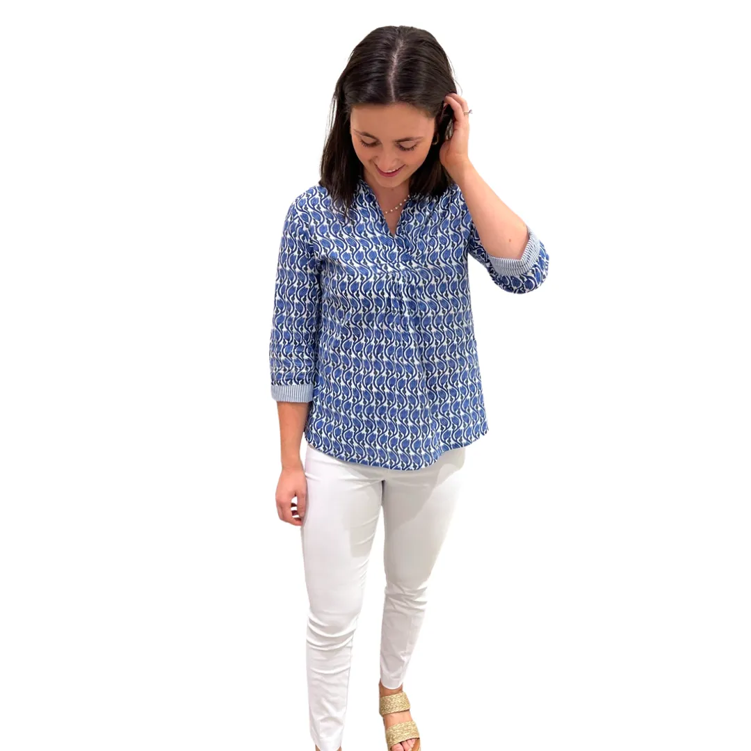 The Eloise Cotton Block Print Top in Blue Tulip Floral
