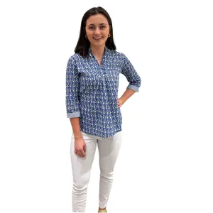 The Eloise Cotton Block Print Top in Blue Tulip Floral