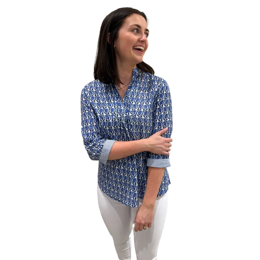 The Eloise Cotton Block Print Top in Blue Tulip Floral