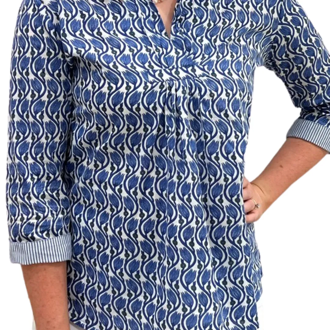 The Eloise Cotton Block Print Top in Blue Tulip Floral