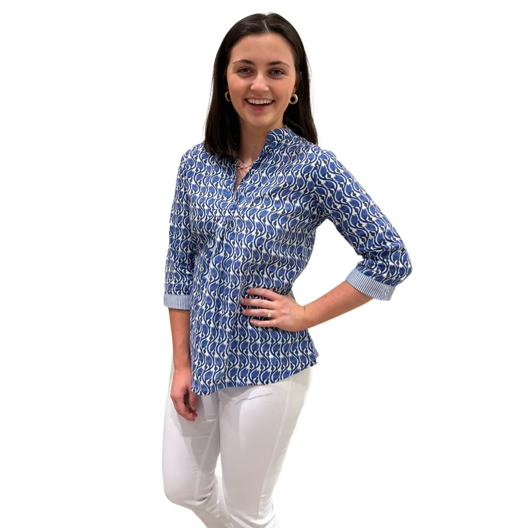 The Eloise Cotton Block Print Top in Blue Tulip Floral