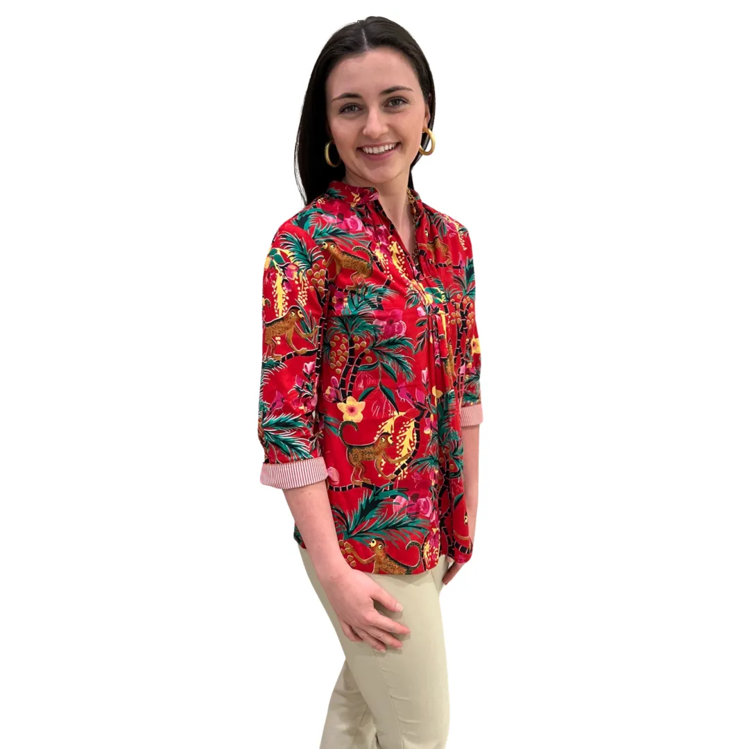 The Eloise Cotton Monkey Print Top in Crimson