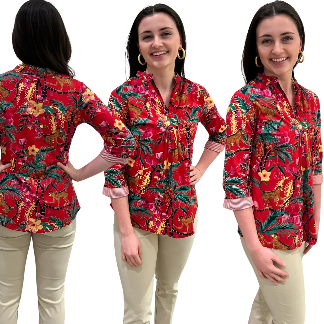 The Eloise Cotton Monkey Print Top in Crimson