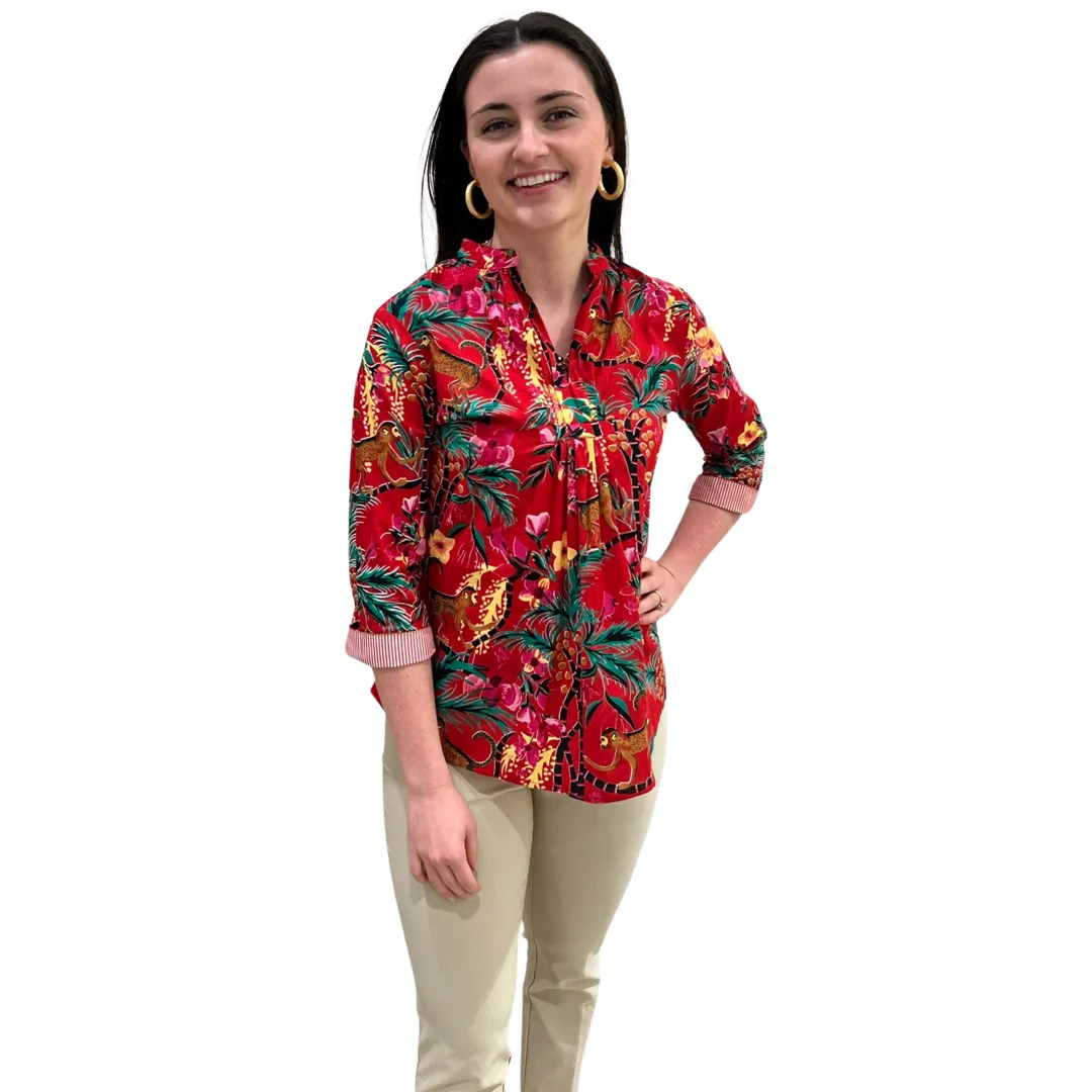 The Eloise Cotton Monkey Print Top in Crimson