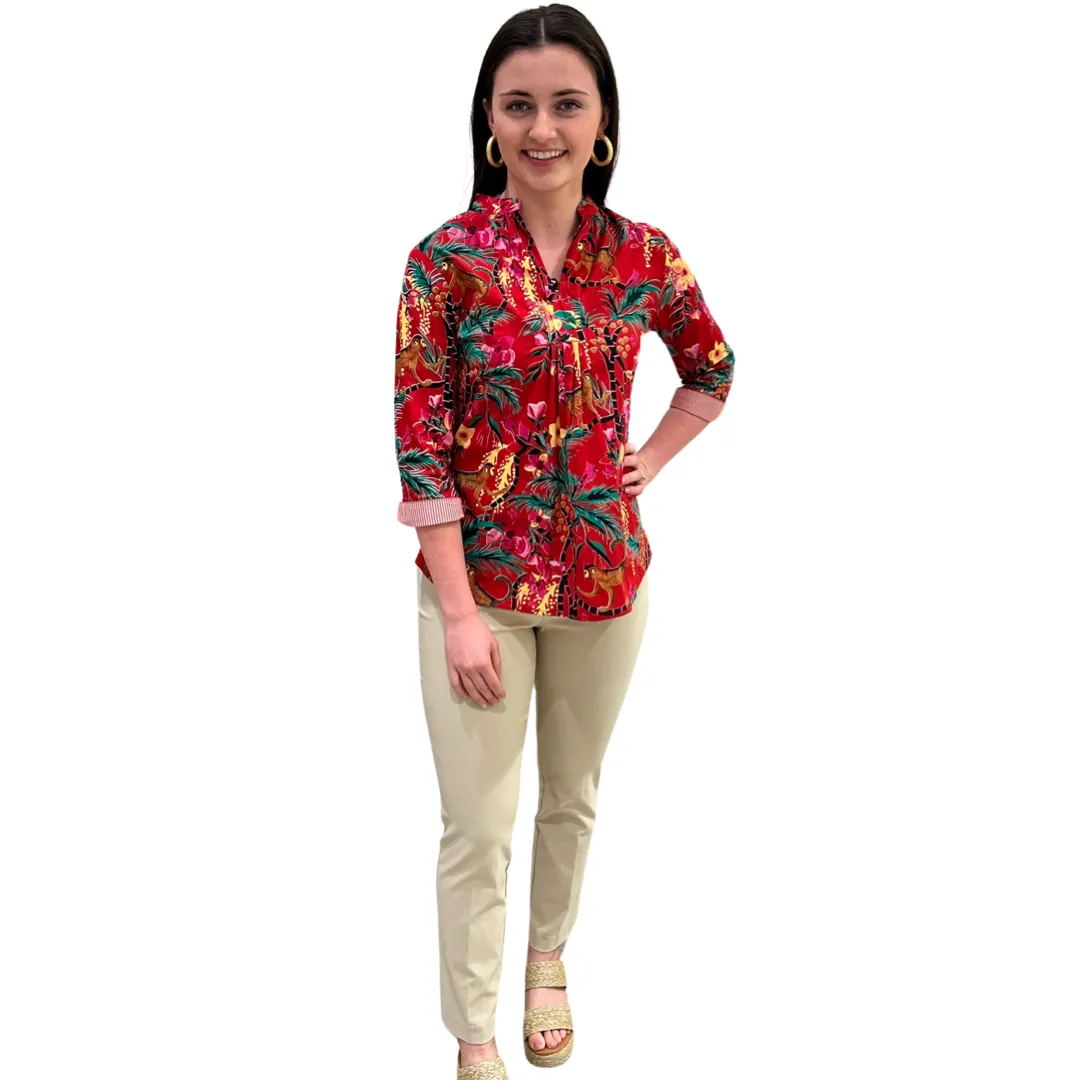 The Eloise Cotton Monkey Print Top in Crimson