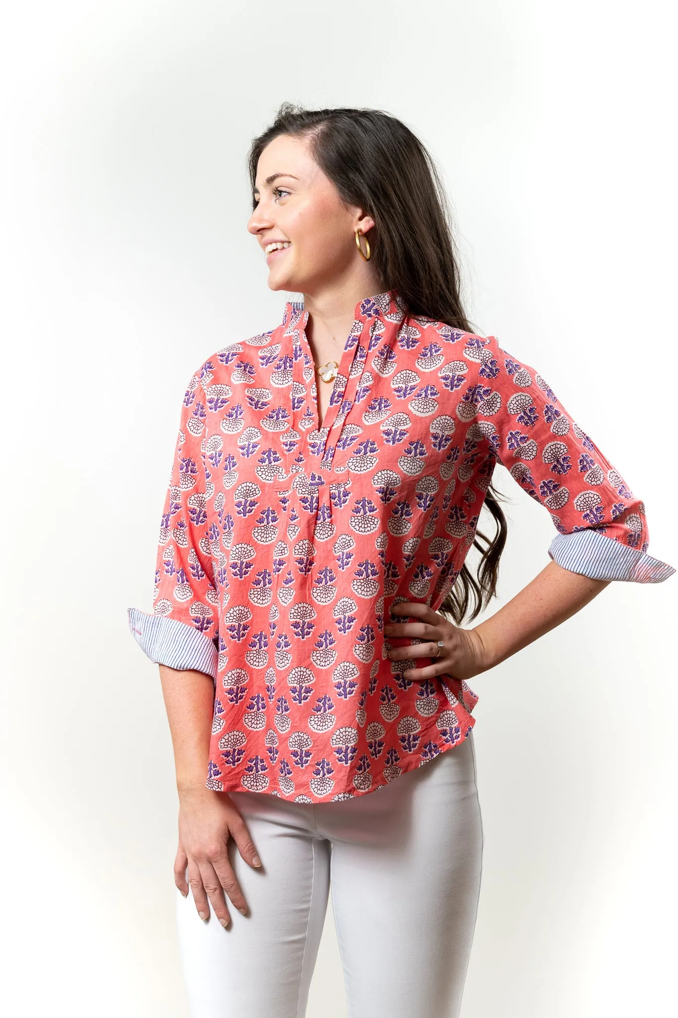 The Eloise Cotton Print Top in Coral