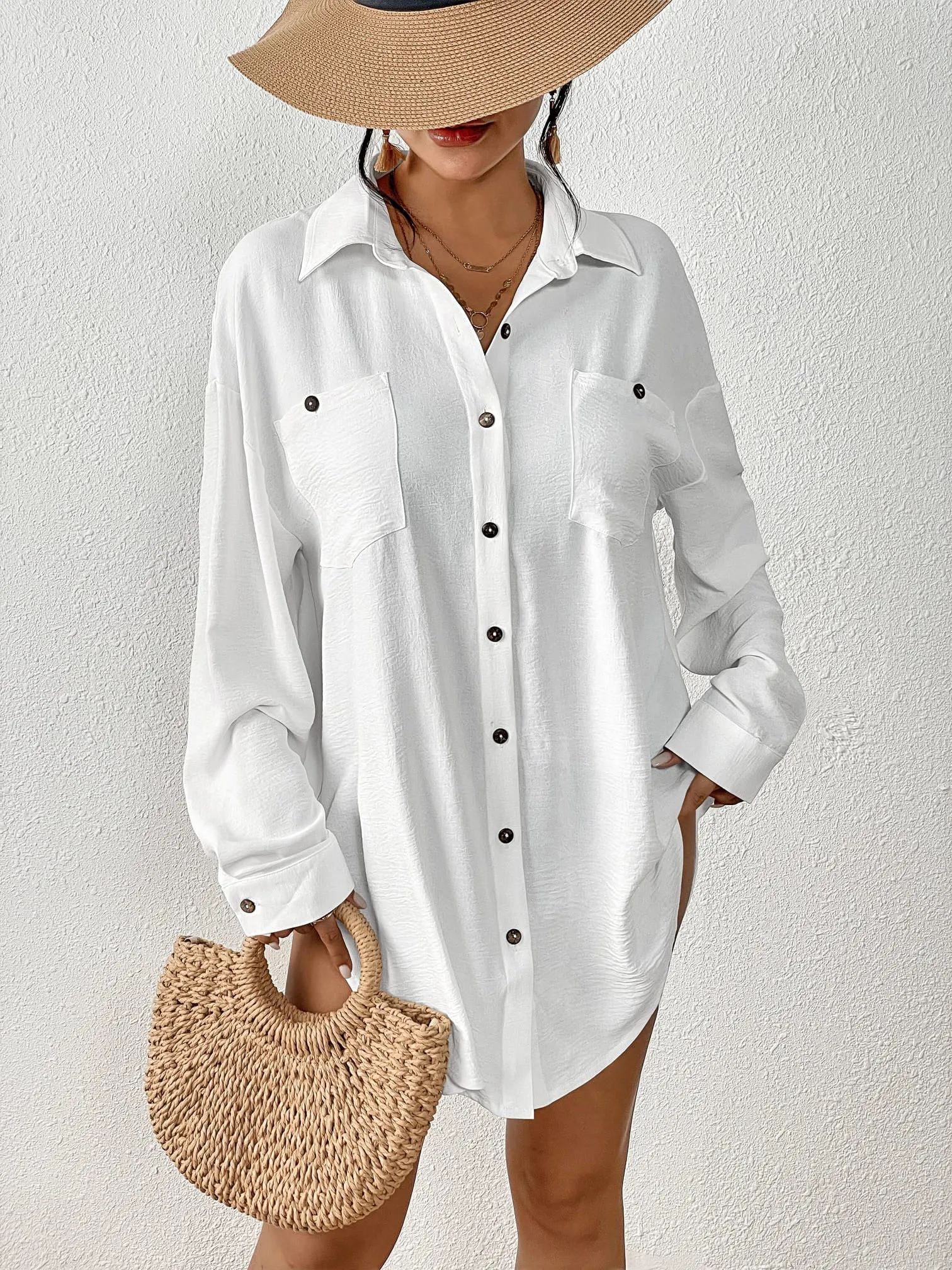 V-Neck Long Sleeve White Beach Cover-Up Shirt