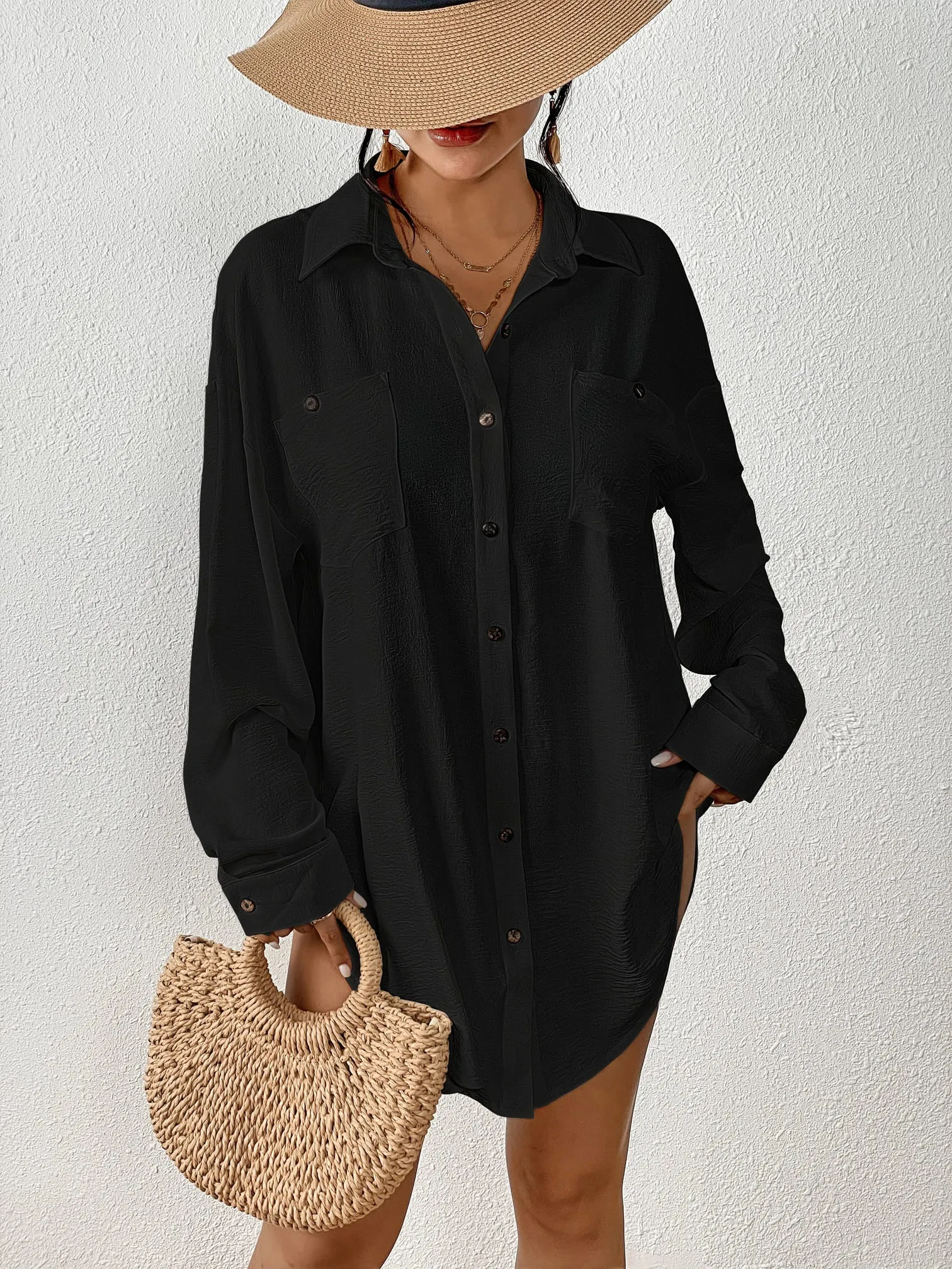 V-Neck Long Sleeve White Beach Cover-Up Shirt
