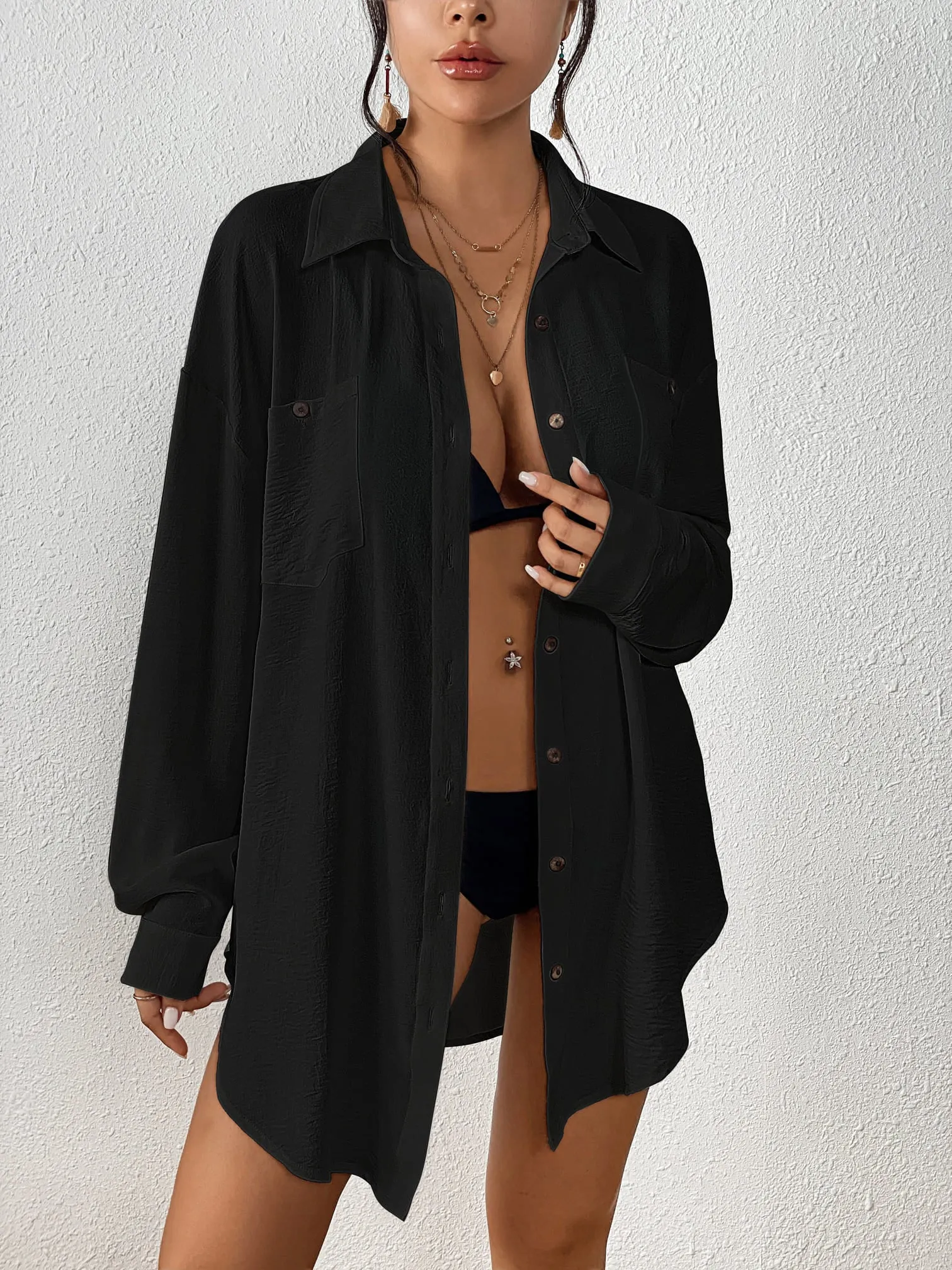 V-Neck Long Sleeve White Beach Cover-Up Shirt