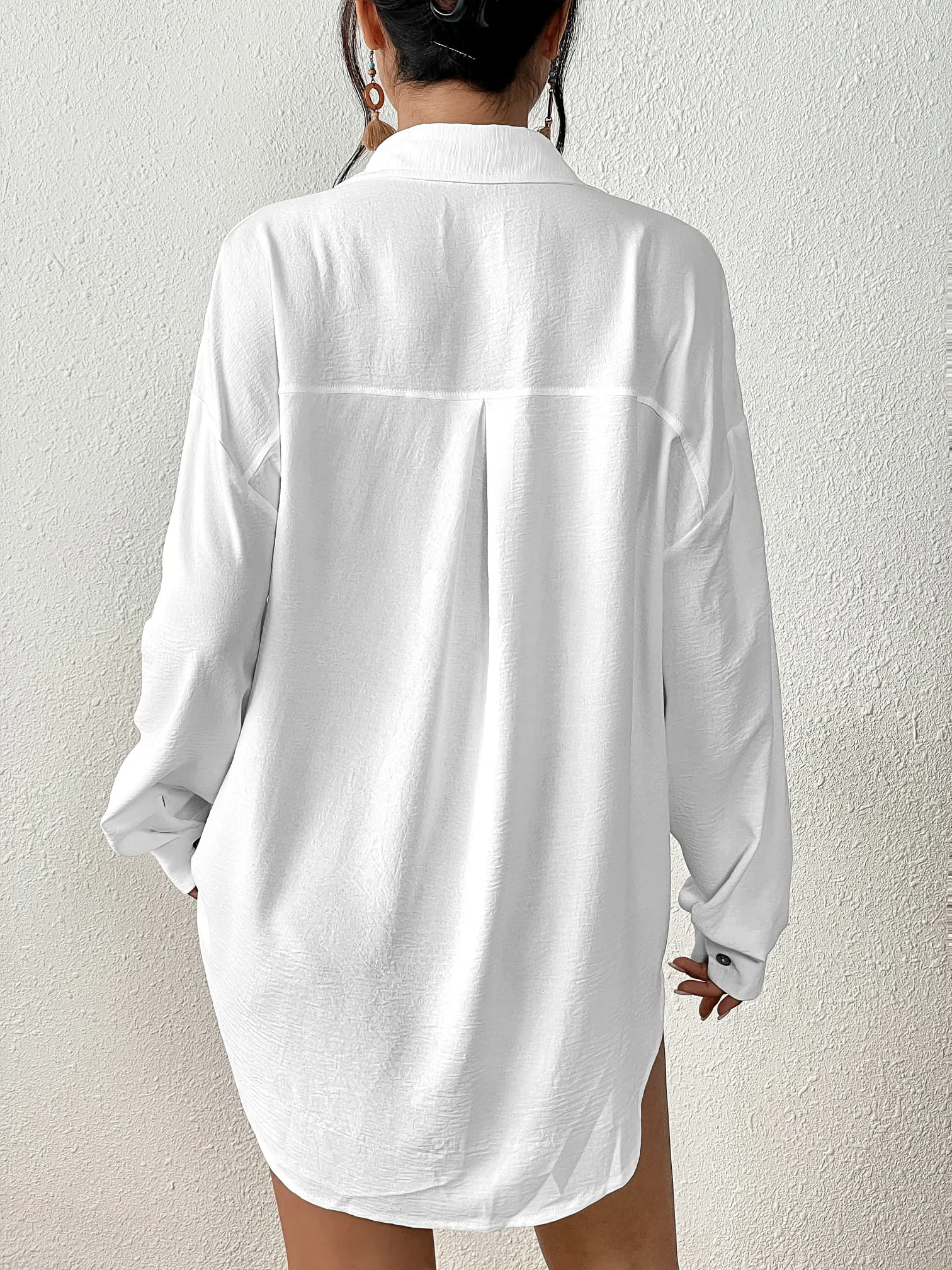 V-Neck Long Sleeve White Beach Cover-Up Shirt