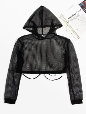 Wholesale Black Round Neck Long Sleeve Plain Hooded Lace-Up Fishnet Beach Top