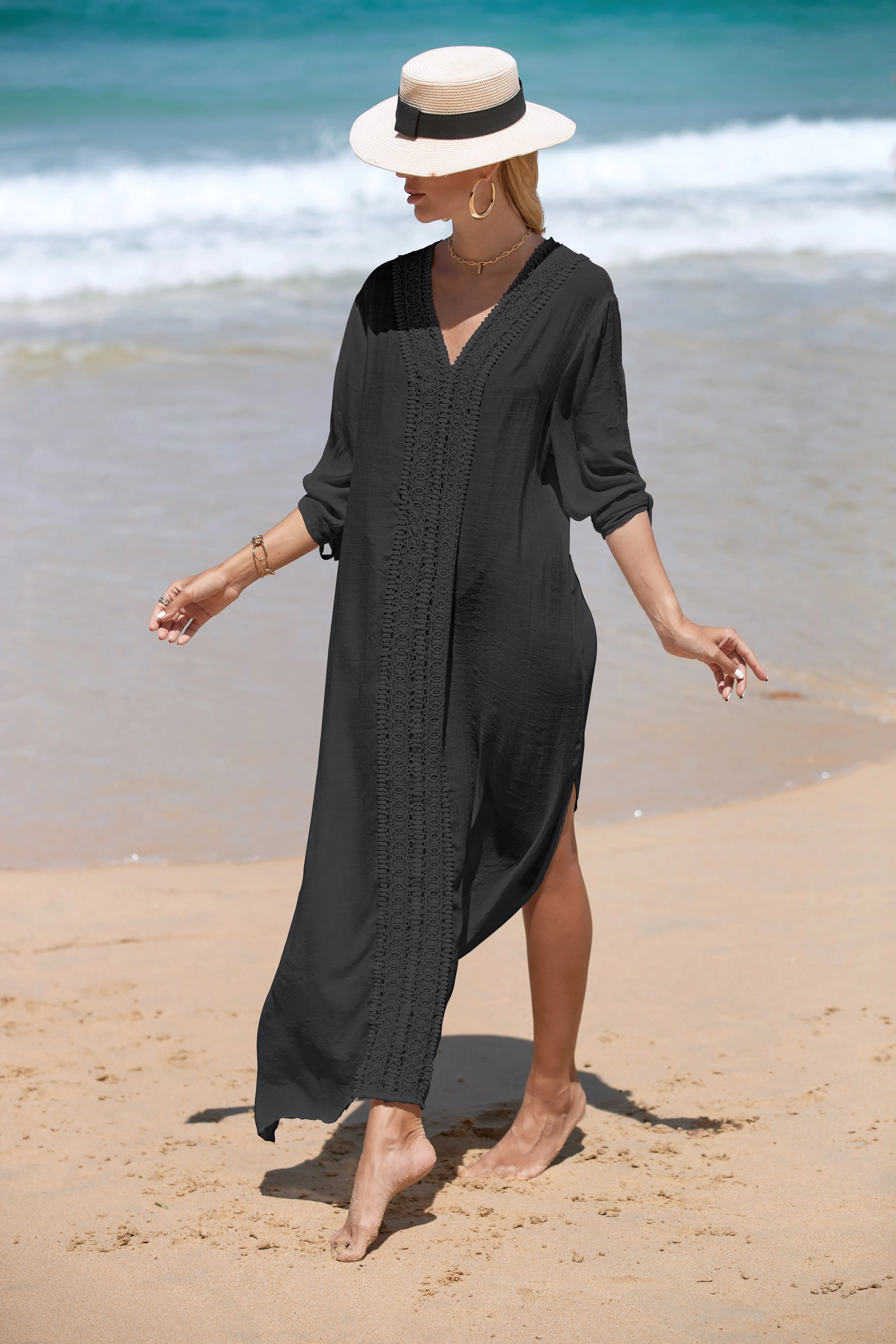 Women's Embroidered V-Neck Beach Caftan Dress