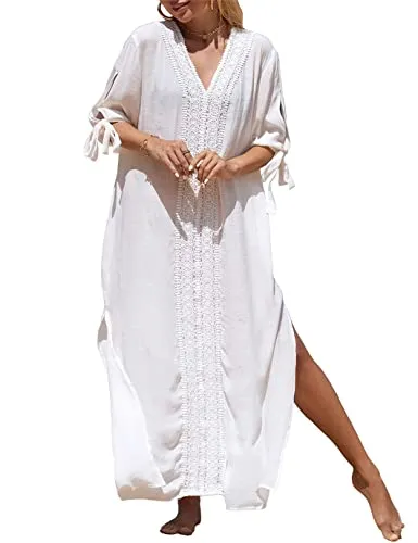 Women's Embroidered V-Neck Beach Caftan Dress