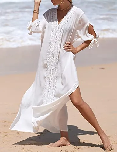 Women's Embroidered V-Neck Beach Caftan Dress