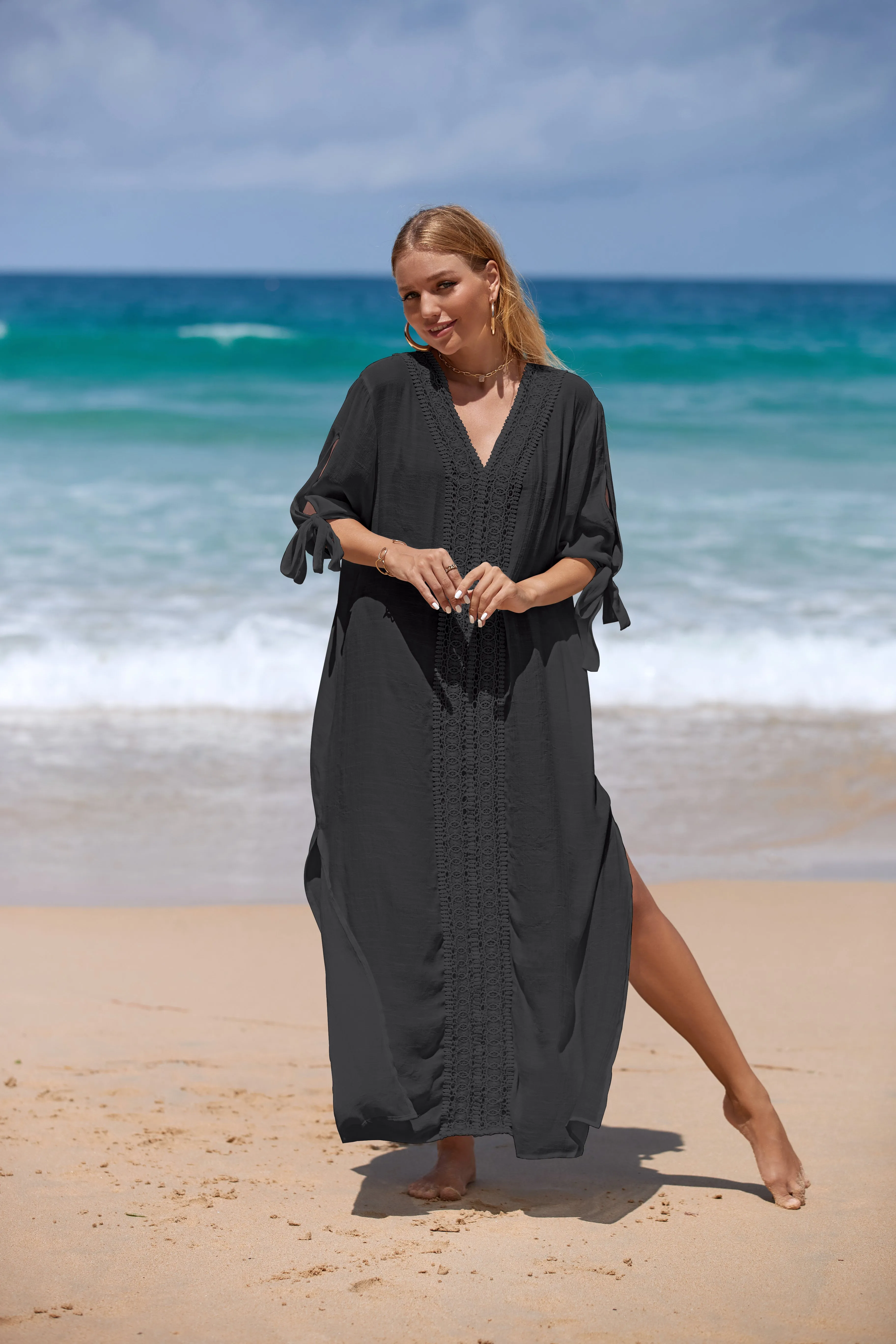 Women's Embroidered V-Neck Beach Caftan Dress