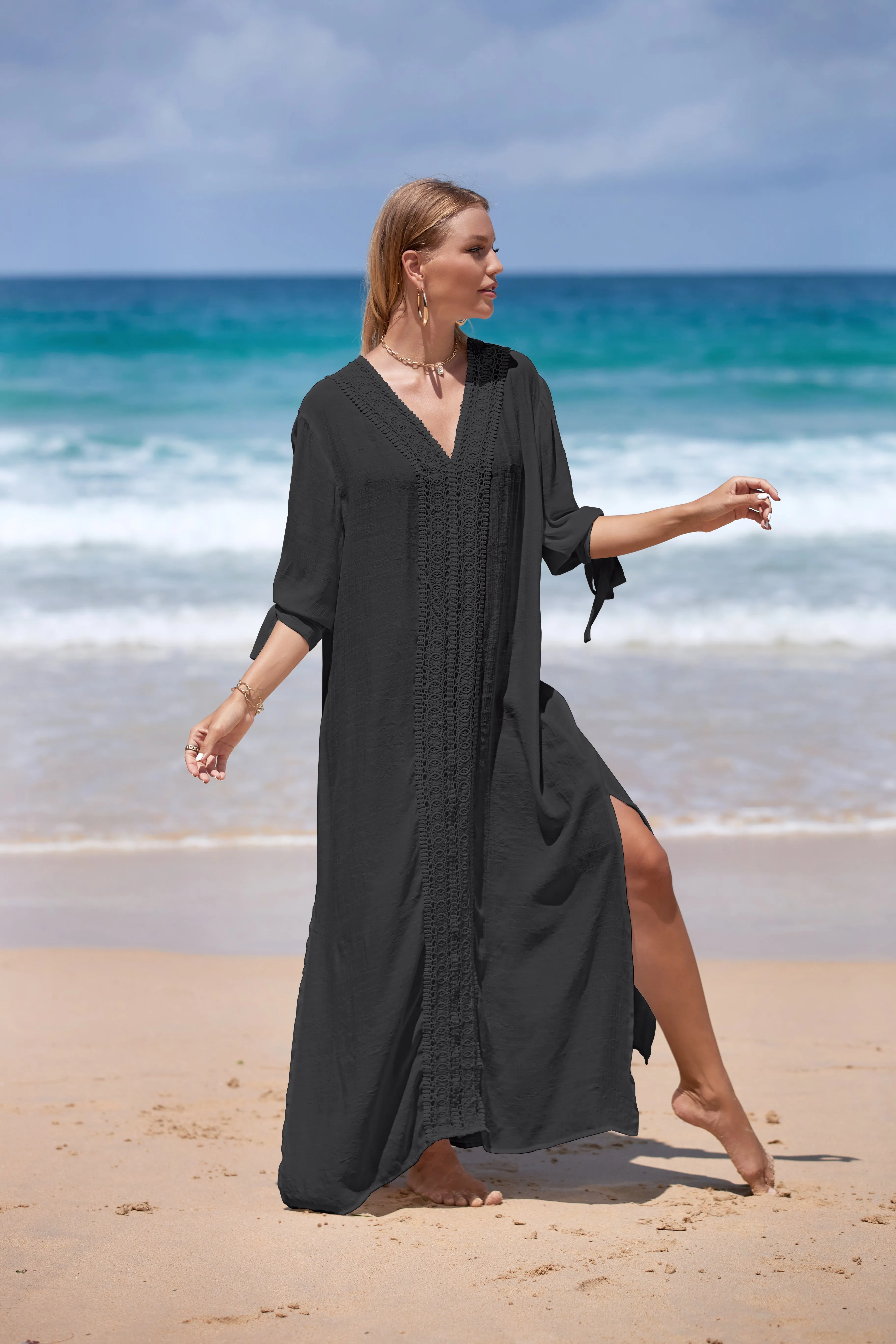 Women's Embroidered V-Neck Beach Caftan Dress