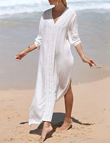 Women's Embroidered V-Neck Beach Caftan Dress