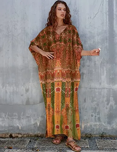 Women's V-Neck Print Kaftan: Beach Swimsuit Cover-Up"