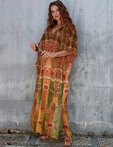 Women's V-Neck Print Kaftan: Beach Swimsuit Cover-Up"