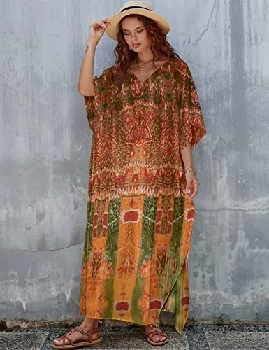 Women's V-Neck Print Kaftan: Beach Swimsuit Cover-Up"