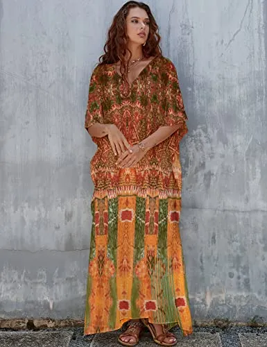 Women's V-Neck Print Kaftan: Beach Swimsuit Cover-Up"
