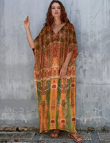 Women's V-Neck Print Kaftan: Beach Swimsuit Cover-Up"