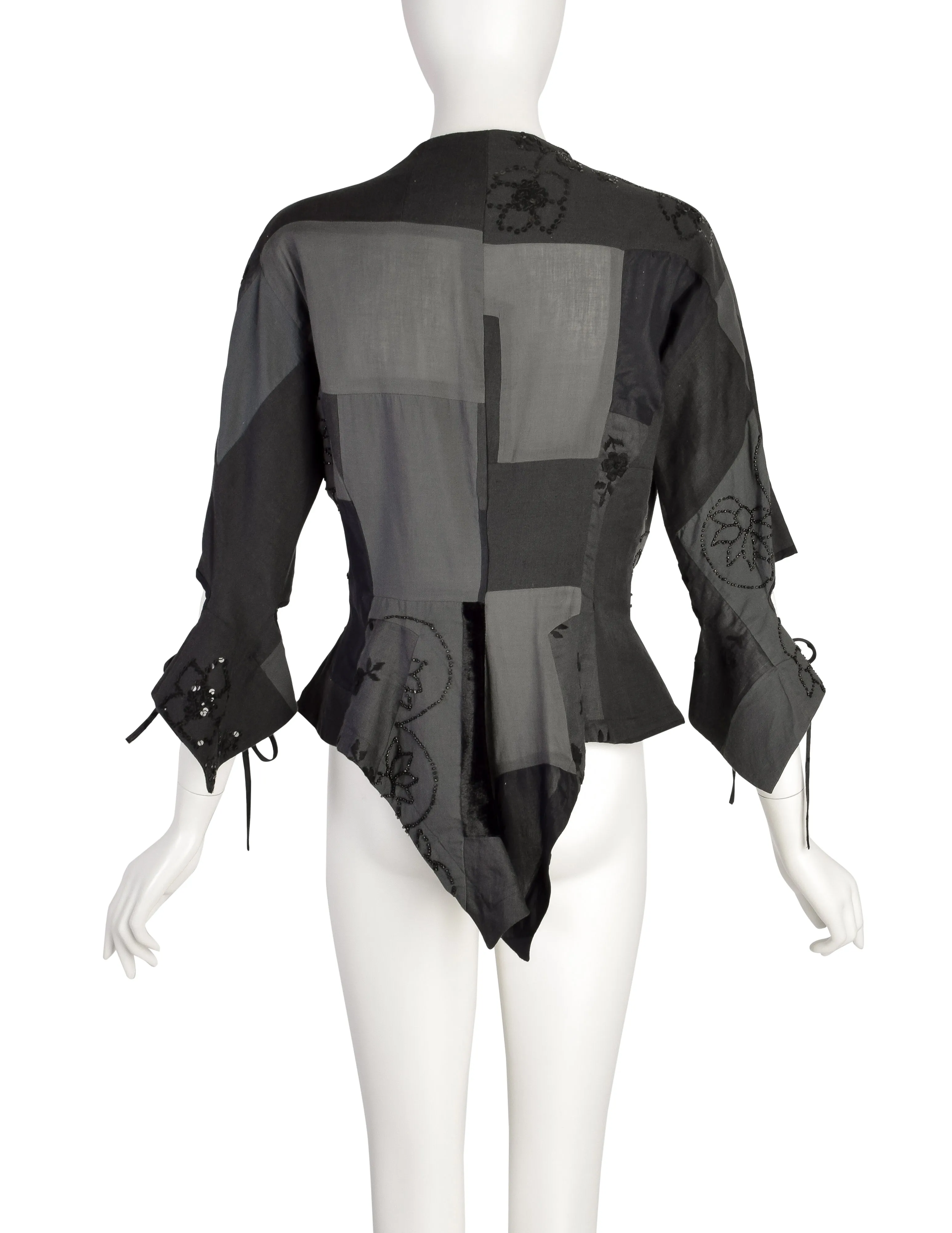Yohji Yamamoto Vintage Blue Grey Patchwork Embroidered Beaded Sequin Floral Peplum Tail Top