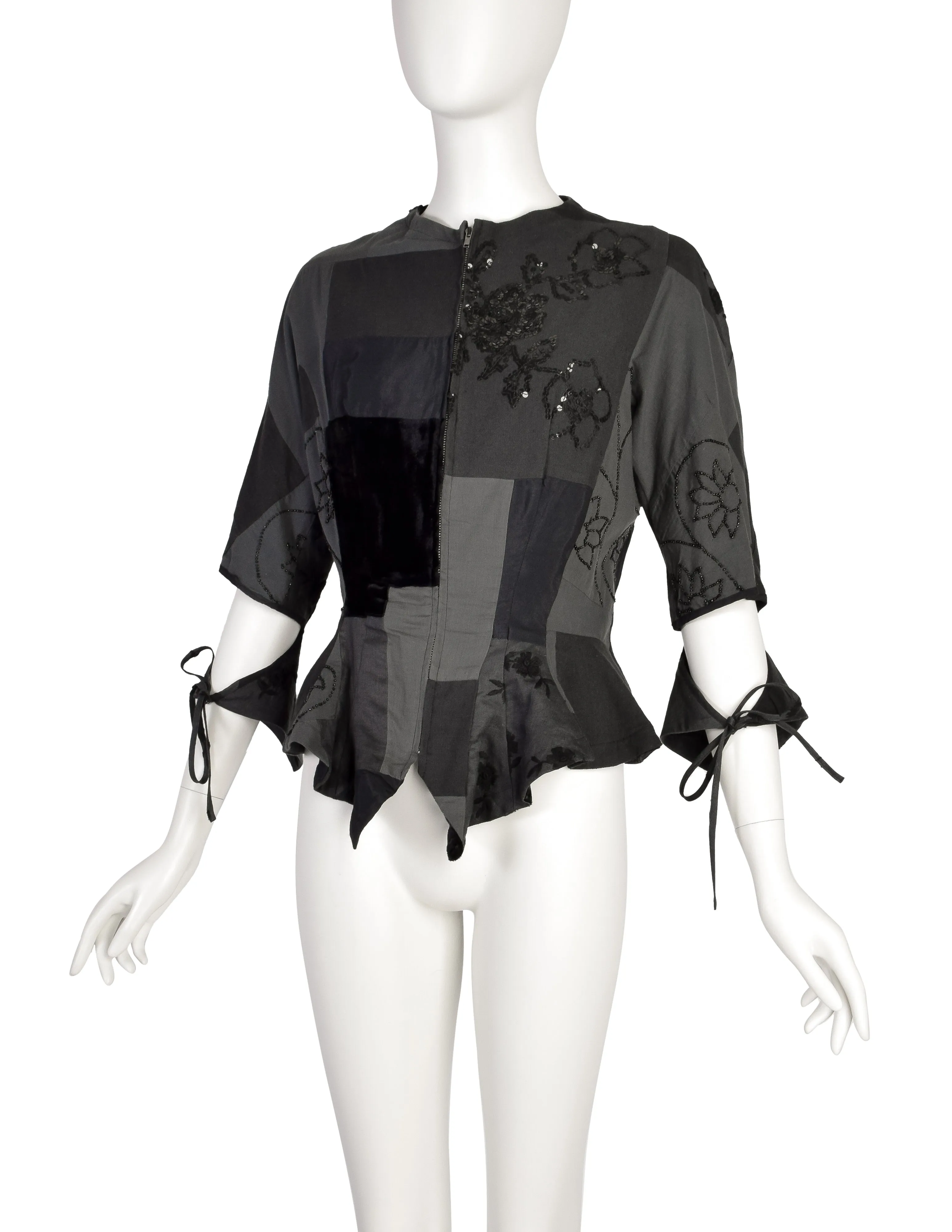 Yohji Yamamoto Vintage Blue Grey Patchwork Embroidered Beaded Sequin Floral Peplum Tail Top