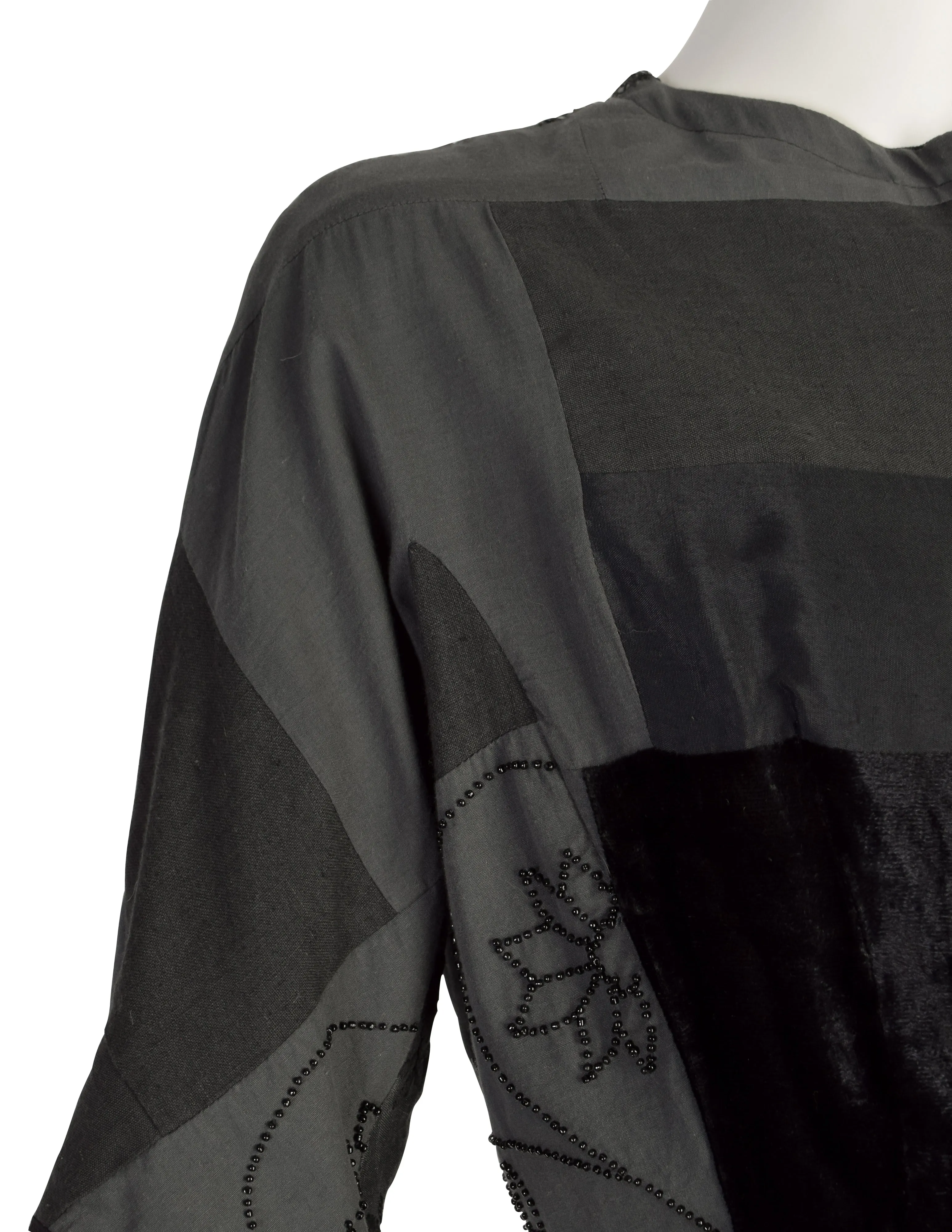 Yohji Yamamoto Vintage Blue Grey Patchwork Embroidered Beaded Sequin Floral Peplum Tail Top