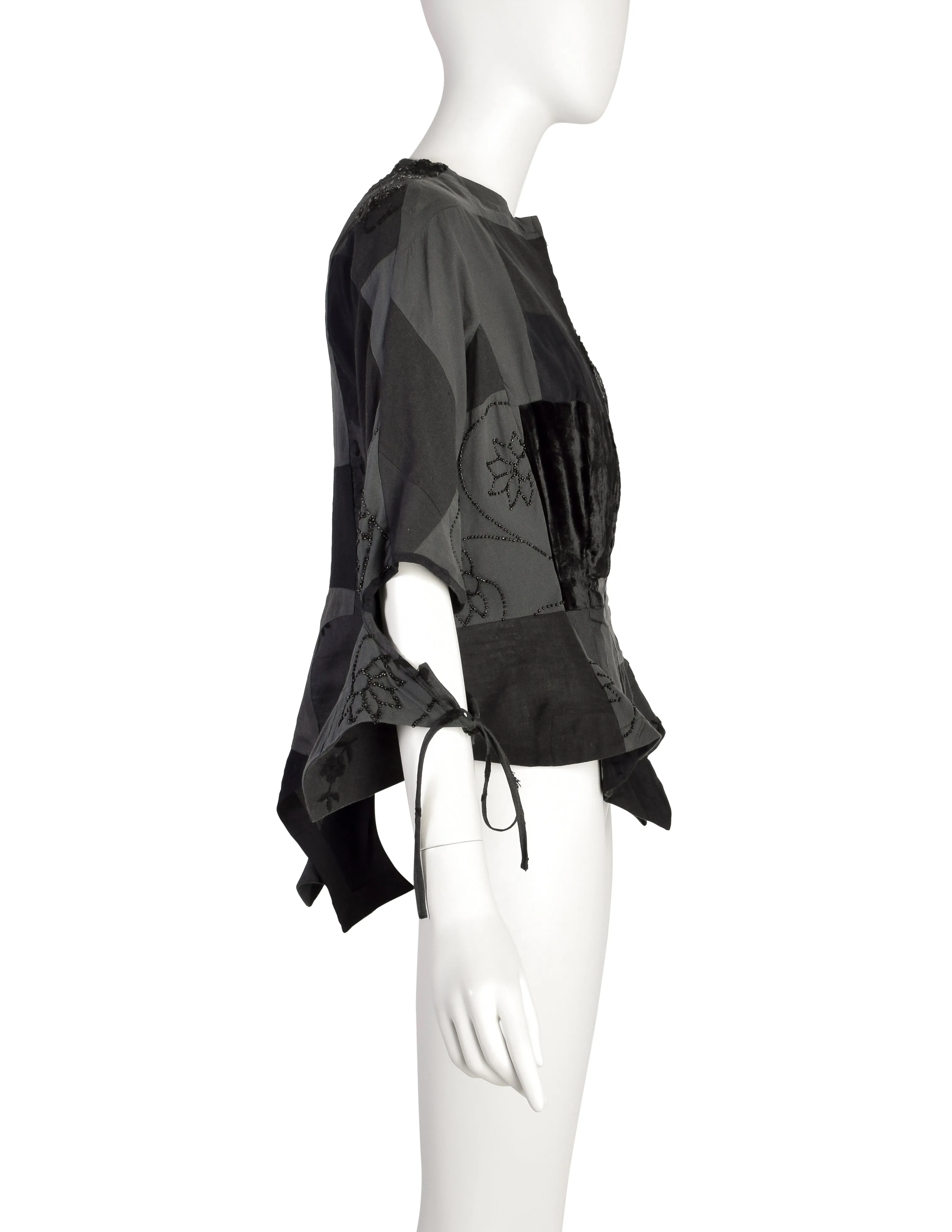 Yohji Yamamoto Vintage Blue Grey Patchwork Embroidered Beaded Sequin Floral Peplum Tail Top
