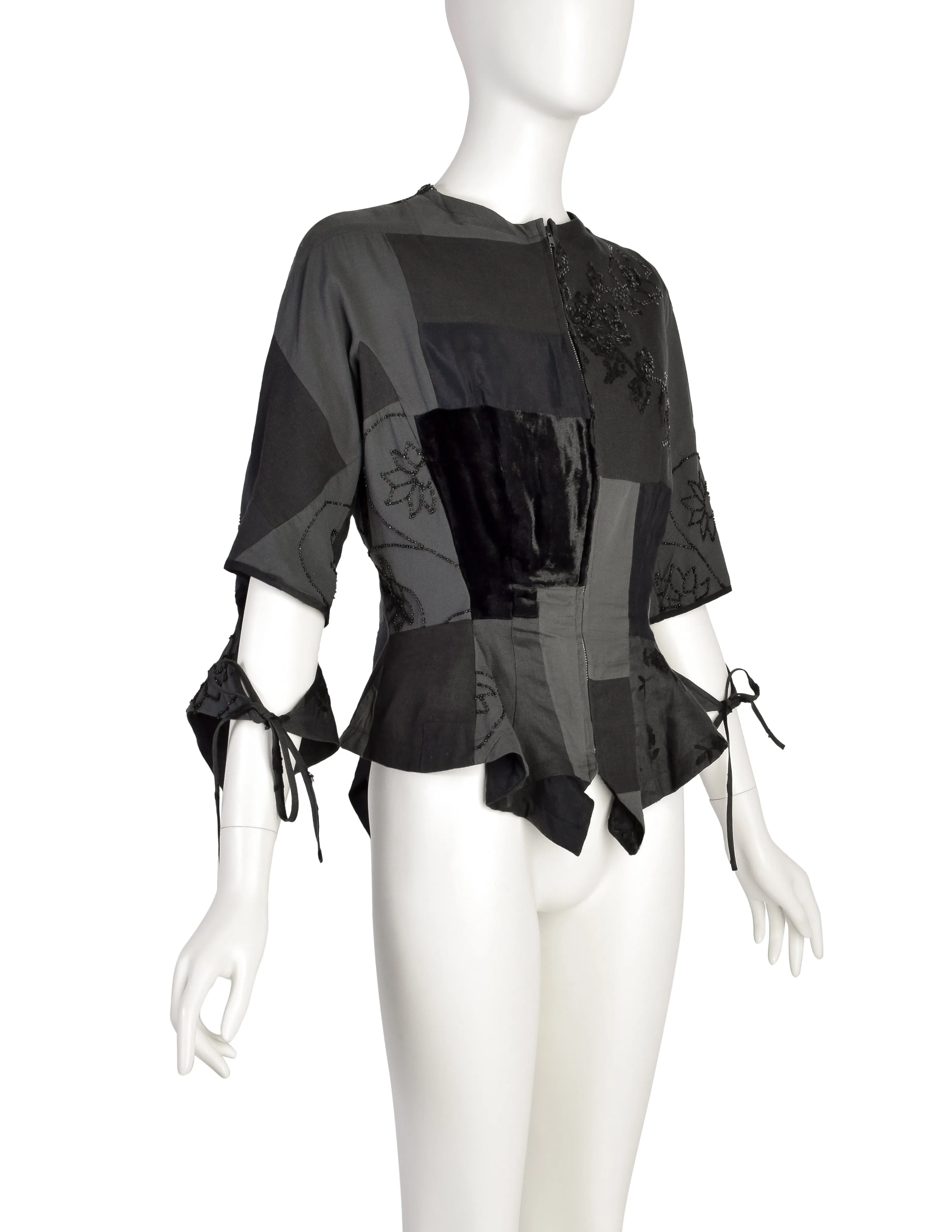Yohji Yamamoto Vintage Blue Grey Patchwork Embroidered Beaded Sequin Floral Peplum Tail Top