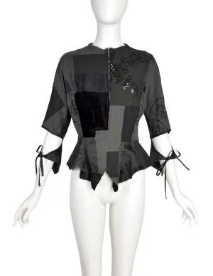 Yohji Yamamoto Vintage Blue Grey Patchwork Embroidered Beaded Sequin Floral Peplum Tail Top
