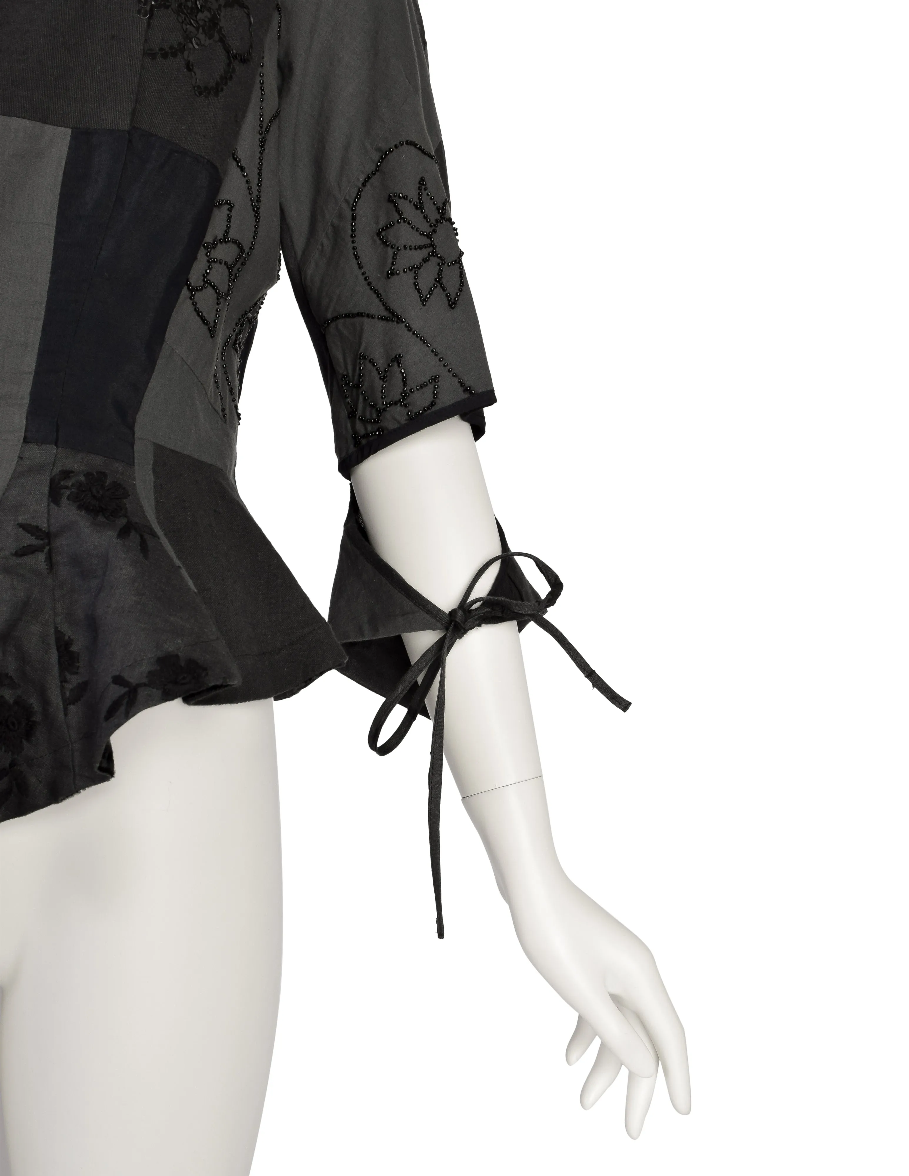 Yohji Yamamoto Vintage Blue Grey Patchwork Embroidered Beaded Sequin Floral Peplum Tail Top