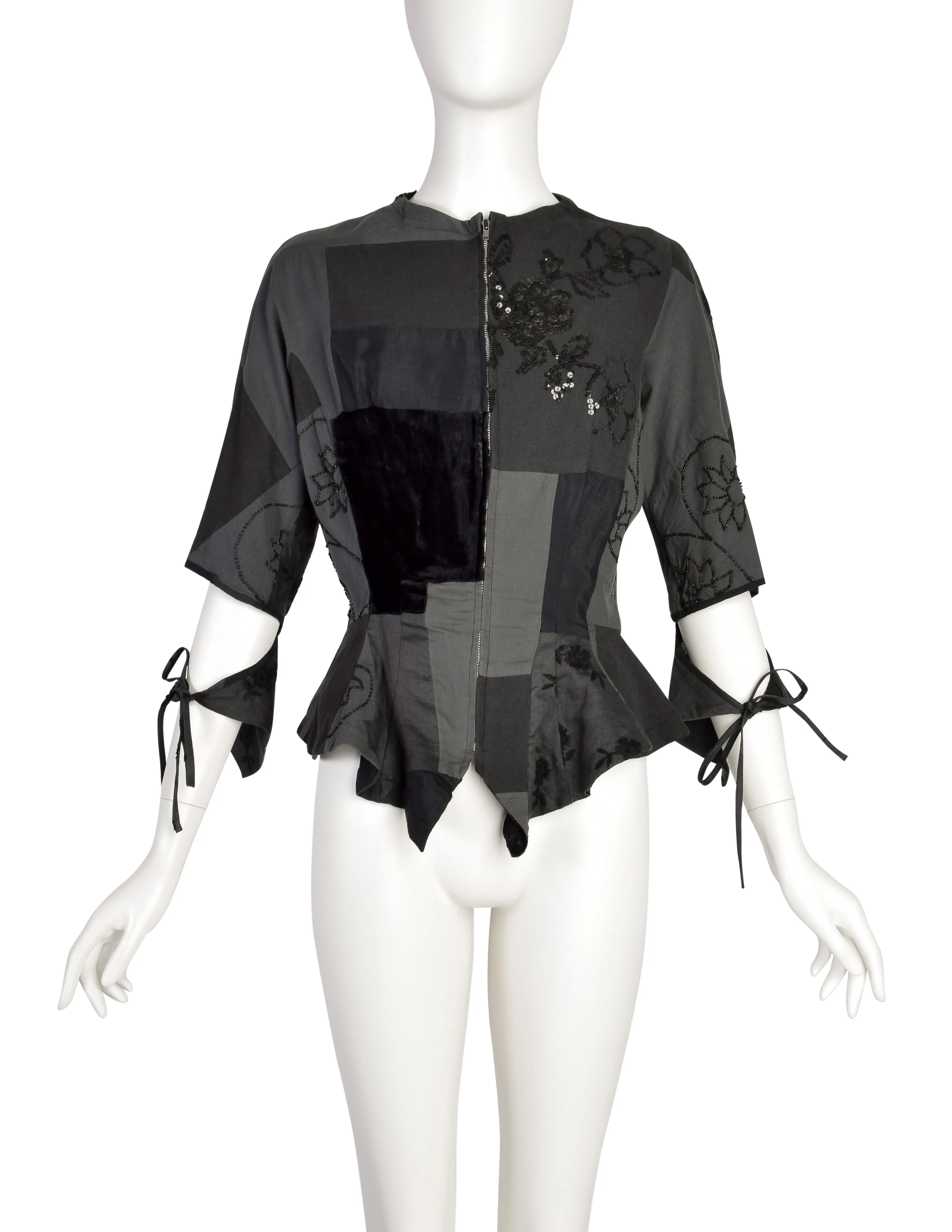 Yohji Yamamoto Vintage Blue Grey Patchwork Embroidered Beaded Sequin Floral Peplum Tail Top